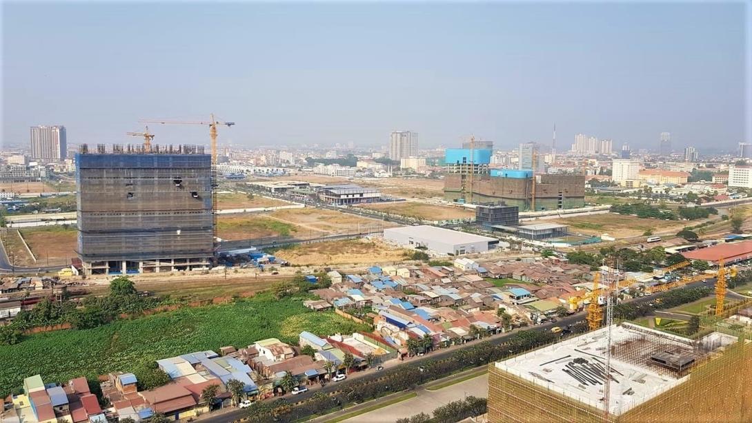 Aerial view of the many building constructions in Phnom Penh, Cambodia  