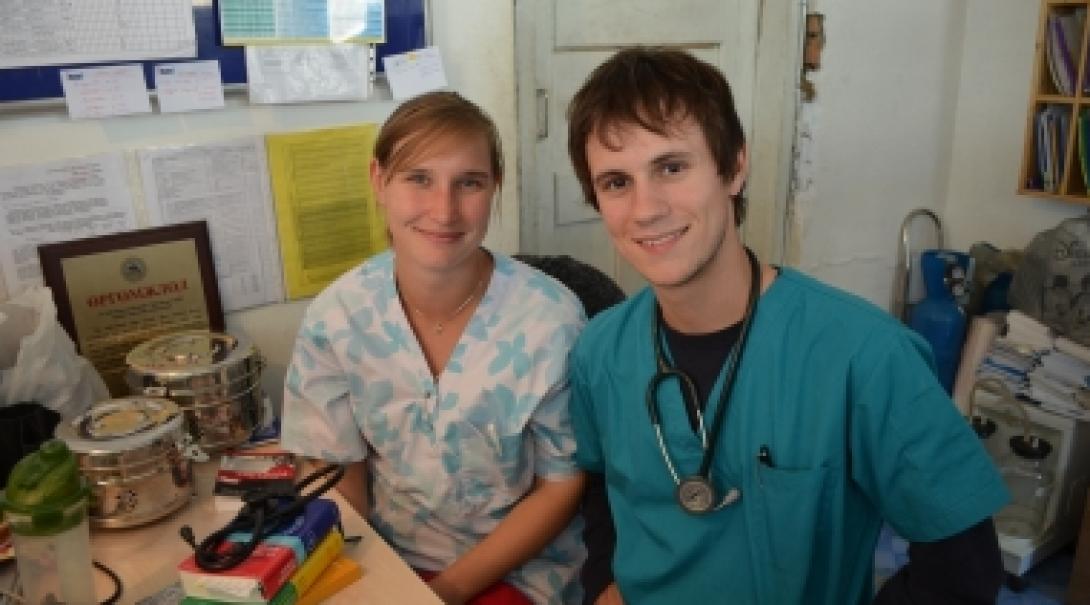 Male Psychology worker poses with a Psychologist in a health care centre during his internship in Mongolia.