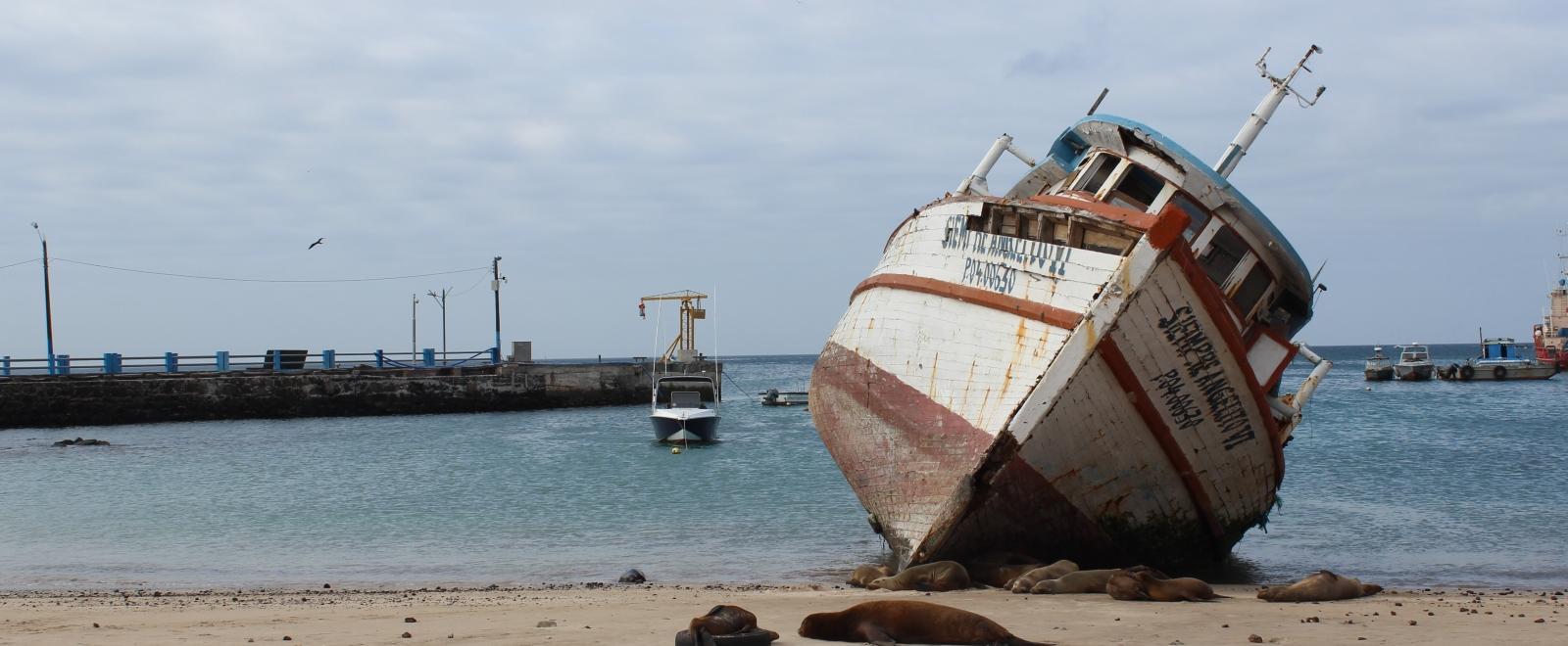 Students learning Spanish in Ecuador visit local attractions like shipwrecks and the beach. 