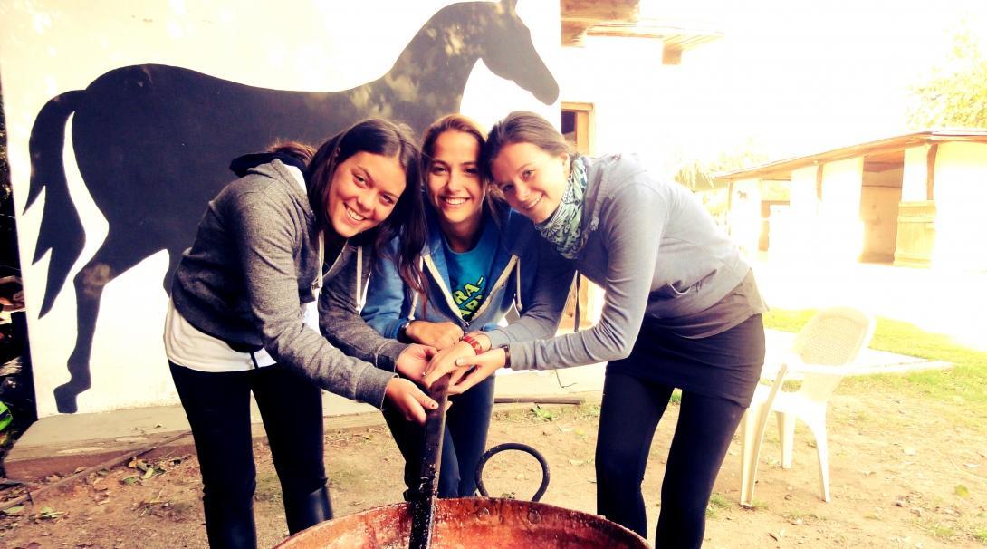 Projects Abroad Equine Therapy interns team up to clean stables in Argentina. 