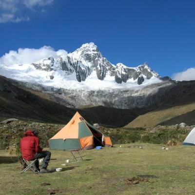 Joanne camping at the foothills of the Himalayan Mountains