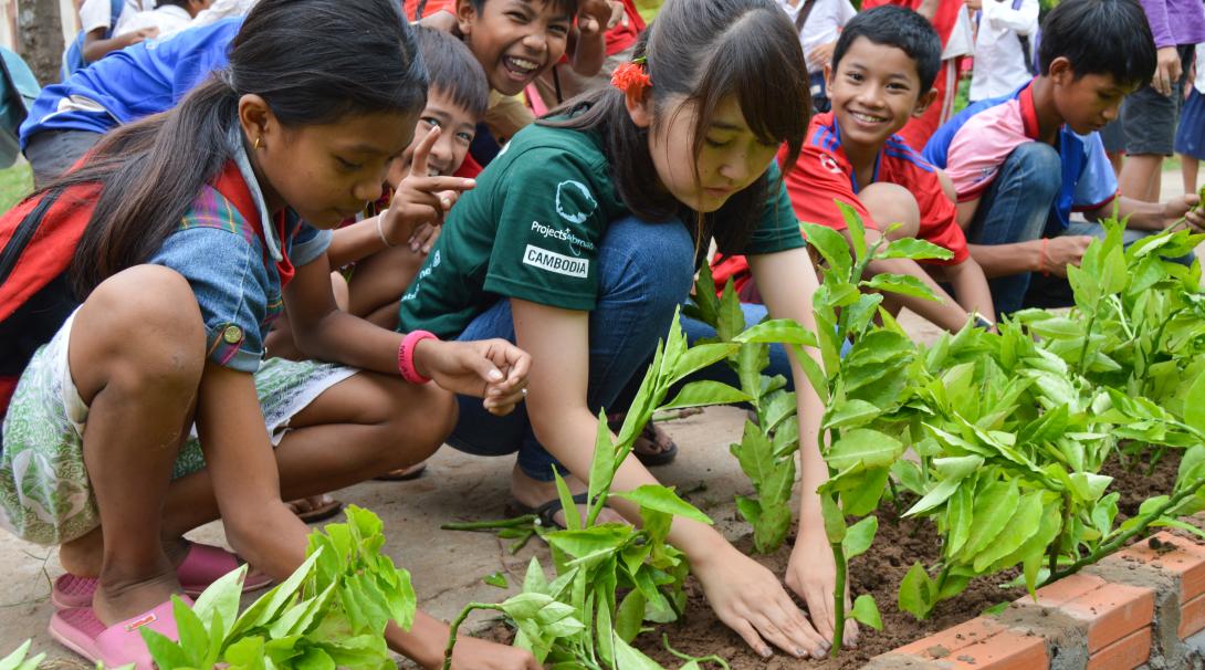 A short term volunteer planting flowers