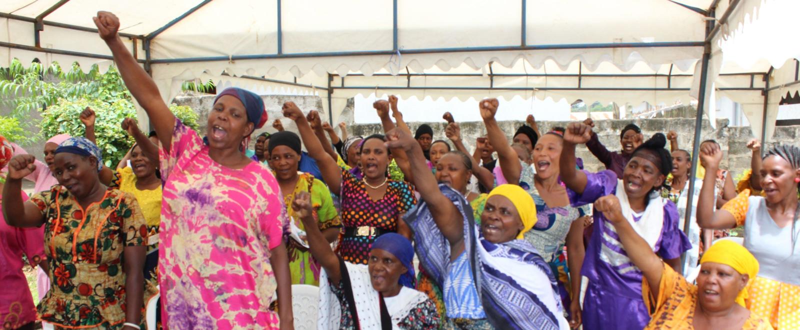 Tanzanian women listen to a human rights talk given by interns on a gap year for law school.