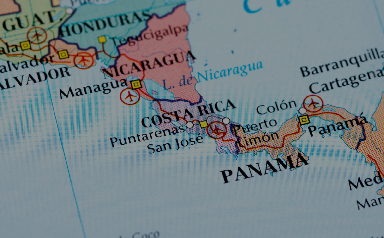 Map showing central America with a focus on Costa Rica